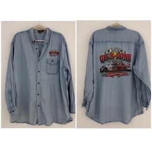 Vtg Badger Mens XXL Cotton Larry the Cable Guy Racing Button Up Chambray Shirt